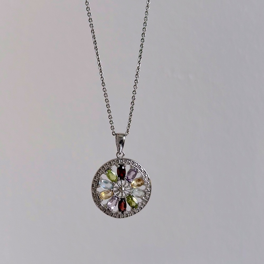 Multicolor gemstones sterling silver pendant necklace
